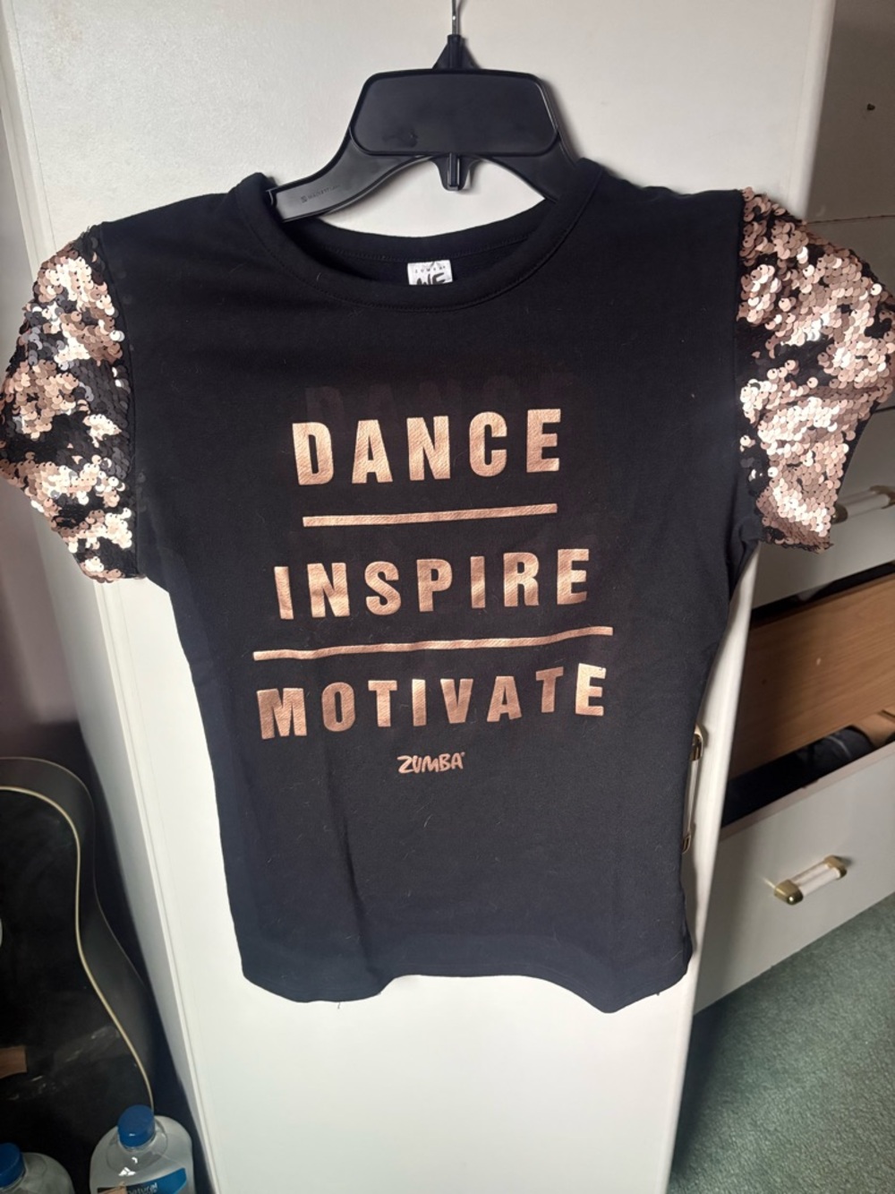 Zumba Fitness Black Tee with Rose Gold Sequin Sleeves